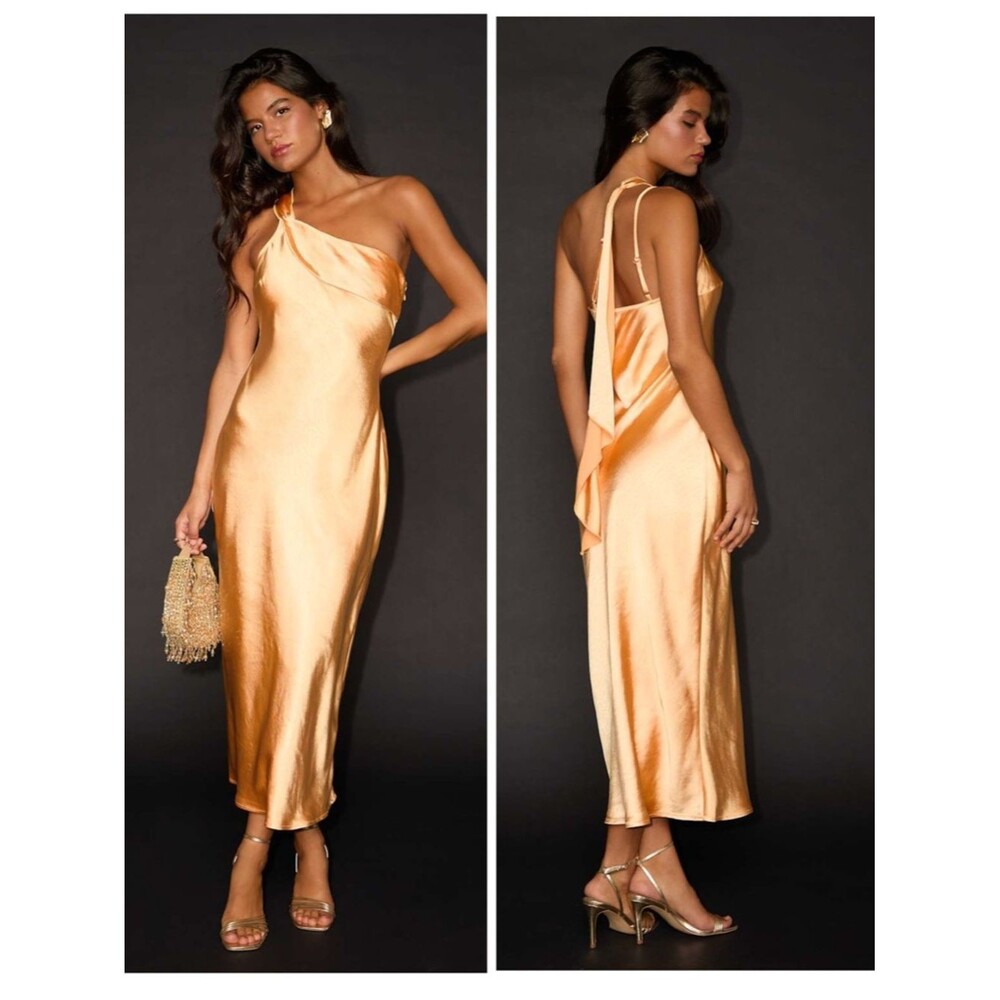 Lulus Naima Light Orange Satin One-Shoulder Midi Dress Size Small Cocktail Sexy